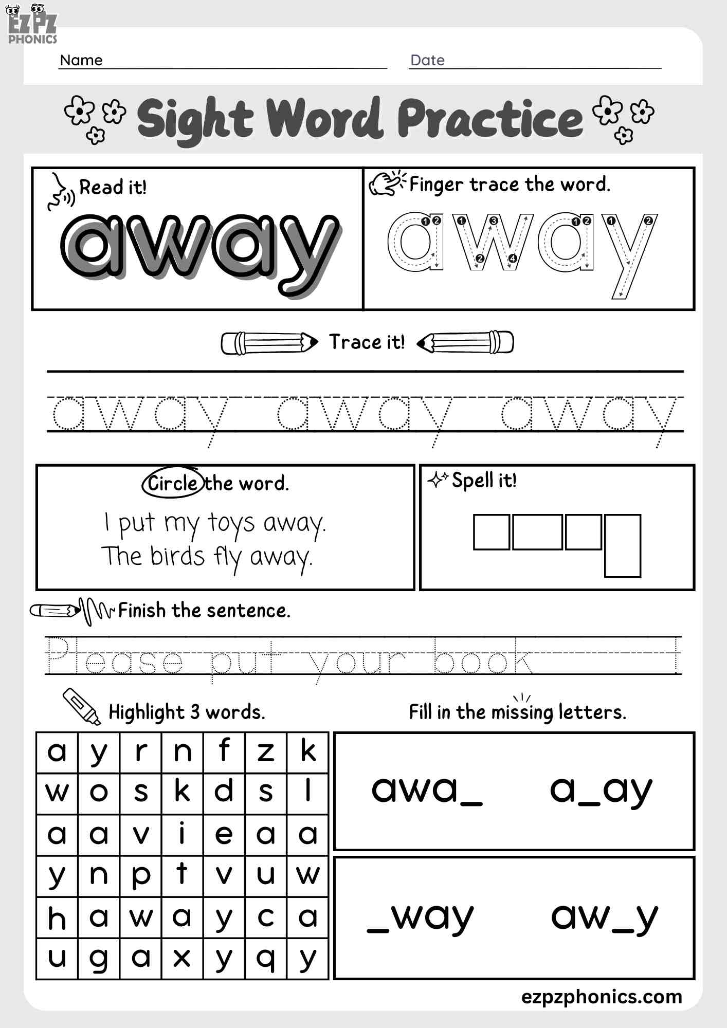 The Word "Away" Dolch Sight Word Worksheet Activity for Pre-Kindergarten and Kindergarten Students PDF Download